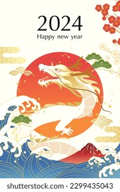 2024 New Year's card with dragon, first sunrise, Mt.Fuji and waves. vector illustration.