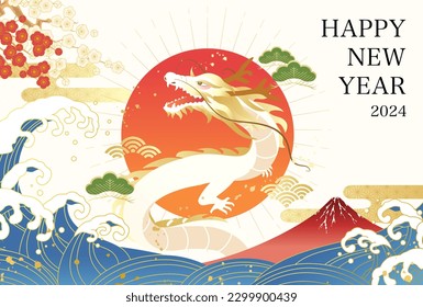 2024 New Year's card with dragon, first sunrise, Mt.Fuji and waves. vector illustration.