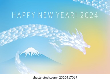 2024 New Year's card with dragon clouds spreading in the sunrise sky and majestic Mt. Fuji.