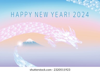 2024 New Year's card with dragon clouds spreading in the sunrise sky and majestic Mt. Fuji.