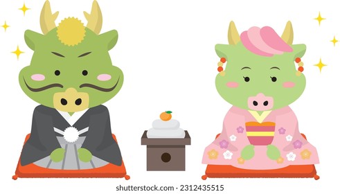 2024 New Year's card illustration of a dragon in a kimono and a mirror
