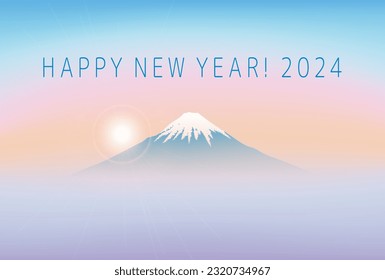 2024 New Year's card with the sunrise sky, majestic Mt. Fuji and the first sunrise of the year.