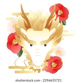 2024 New Year's card template with dragon and camellia flowers. (vector illustration)

Translation:kinga-shinnen(Japanese new year words)
Kotoshi-mo-yoroshiku(May this year be a great one)