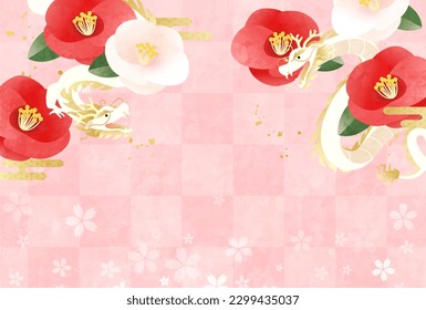 2024 New Year's card template with dragon and camellia flowers. (vector illustration)