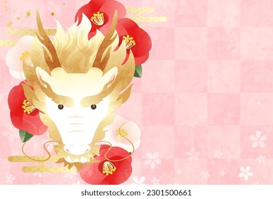 2024 New Year's card template with dragon and camellia flowers. (vector illustration)