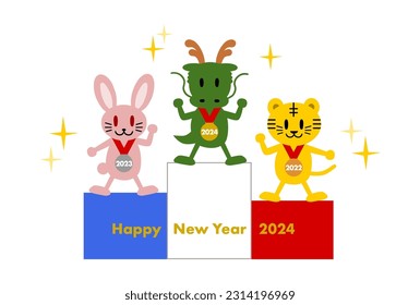 Tarjeta de Año Nuevo 2024. Año del Dragón. Animales en el estrado de la victoria. Ilustración vectorial. Fondo blanco.