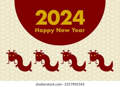 2024 New Year's card. Year of the Dragon. Dragons and Japanese traditional pattern background. Vector illustration. Red and gold.