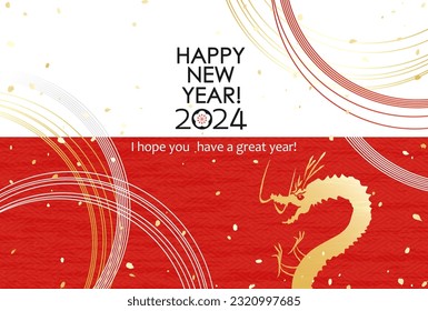 2024 New Year's card for the Year of the Dragon Red and white traditional pattern with cord-shaped ornaments called mizuhiki