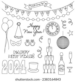 2024 New Years Eve Black Outline Vector Illustrations