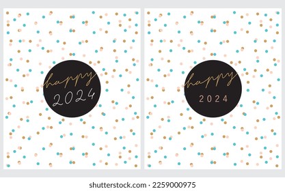 2024. New Year's Eve Vector Card. Blue and Gold Falling Confetti and Simple Handwritten Wishes in a Black Round Frame on a White Background. New Year Wishes ideal for Card, Greetings, Newsletter.