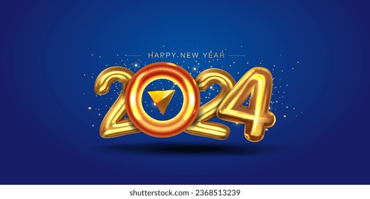 2024 Number with arrow. Golden happy new year 2024 typography on blue background. Moving Forward, upward to the target and growth business concept.