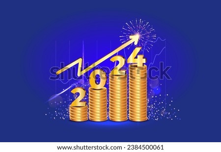 2024 Number with arrow and wealth money and coins growth bar design. New Year welcome and financial success chart background. 