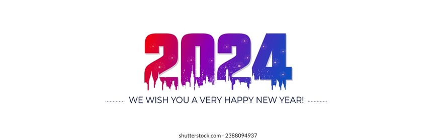 2024 number with City Skyline. Firecrackers, sparkle, sky and welcome New Year celebration background.