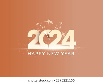 2024 Number with Clock and Sparkles on Golden Background For Happy New Year Concept.