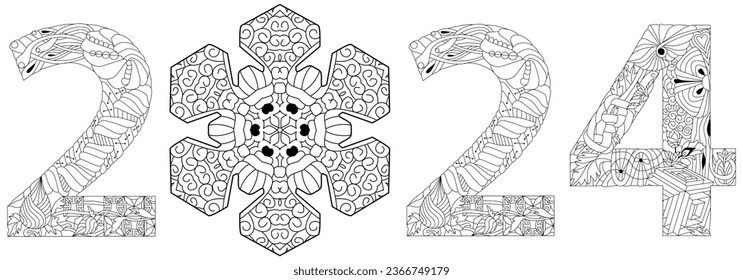 2024 number design with snowflake for coloring. Cute vector Illustration for decoration