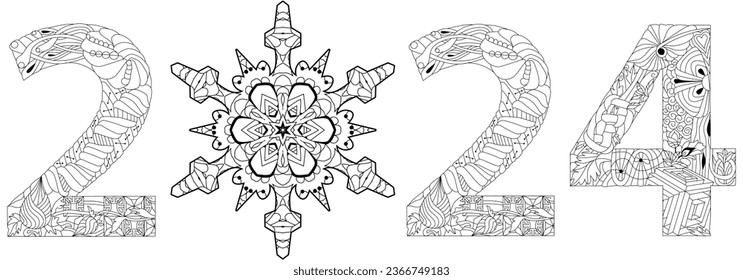 2024 number design with snowflake for coloring. Cute vector Illustration for decoration