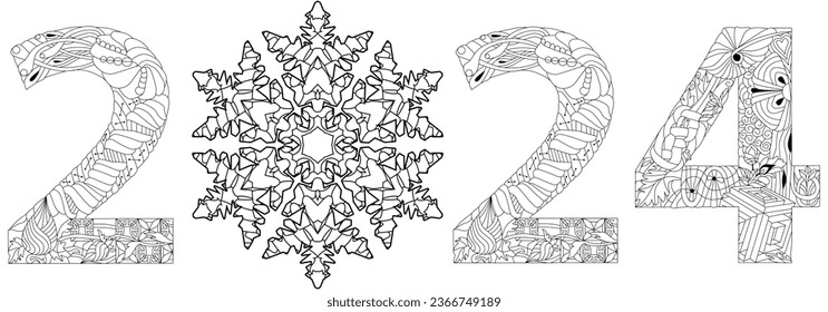 2024 number design with snowflake for coloring. Cute vector Illustration for decoration