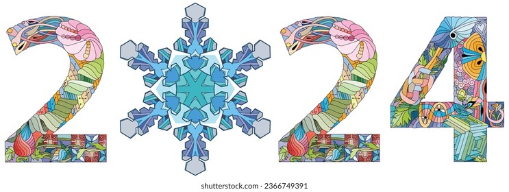 2024 number design with snowflake. Cute vector Illustration for decoration