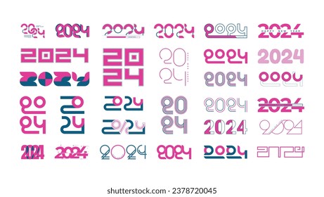 2024 Sammlung von Zahlendesignvorlagen. Logo-Design für das neue Jahr 2024. Weihnachtskollektion zum Neujahr 2024. Vektorgrafik mit schwarz-rosa Etiketten für Tagebuch, Notebook und Kalender.