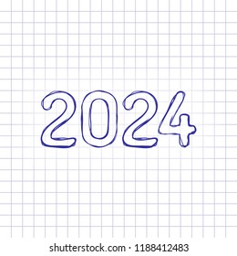 2024 number icon. Happy New Year. Hand drawn picture on paper sheet. Blue ink, outline sketch style. Doodle on checkered background