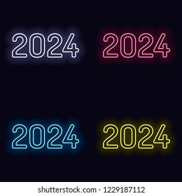 2024 number icon. Happy New Year. Set of neon sign. Casino style on dark background.