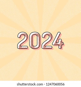 2024 number icon. Happy New Year. Vintage retro typography with offset printing effect. Dots poster with comics pop art background