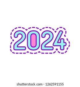 2024 number icon. Happy New Year. Colored sketch with dotted border on white background