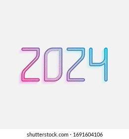 2024 number icon. Happy New Year. Colored logo with diagonal lines and blue-red gradient. Neon graphic, light effect