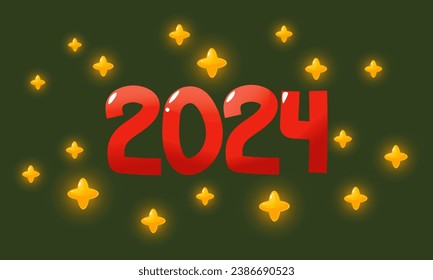 número 2024. Diseño de texto rojo con el logo de 2024 y estrellas brillantes en el fondo verde. Plantilla de diseño Cartel de tipografía de celebración, banner o tarjeta de saludo para Feliz Año Nuevo. Ilustración vectorial
