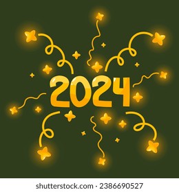 2024 number. 2024 logo text design. Happy New Year 2024. Vector holiday illustration with 2024 logo text design, sparkling confetti and shining golden stars, festive fireworks on green background.