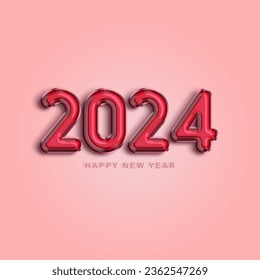 2024 number pink foil balloons. Happy New Year 2024 greeting card. Vector illustration.