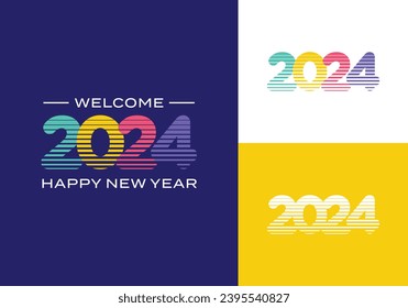 2024 number text happy new year horizontal stripes line colorful vector design template