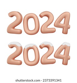 2024 numbers 3d render in plastic and plump style. Various elements with snowy cover. Text in bronze, golden colors with glowing effect. Vector isolated illustration.