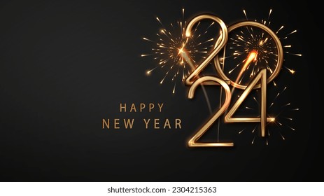 2024 numbers and Abstract golden fireworks on dark background. Golden New Year numbers on dark background.