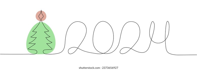 2024 numbers with Christmas pine tree in outline, one line style. Happy New Year. Green and red. Vector illustration.