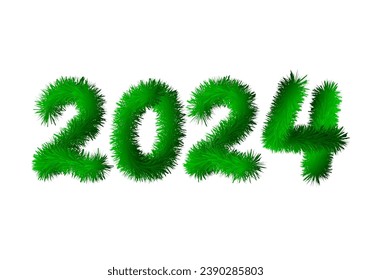 2024 numbers made of fir branches. Fur or tinsel effect. Holidays vector illustration. New Year eve sign. Vector template for greeting card, postcard, banner, poster etc