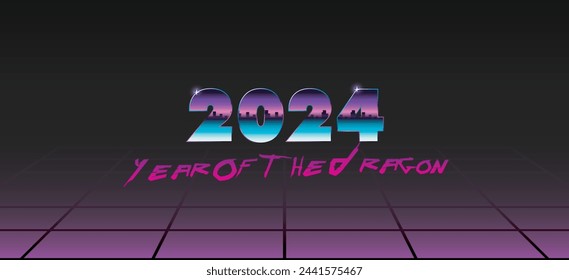 2024 numbers, year of the dragon. 1980s style retro lettering. abstract retrowave background. vector.