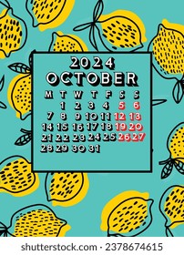 2024 october 
calendar, lemon background calendar