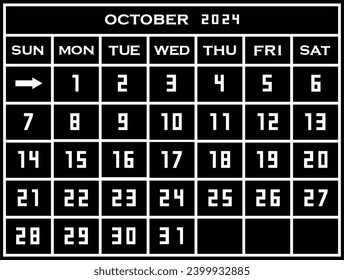 Plantilla del calendario de octubre de 2024. Gráficos planos de una sola página del concepto de calendario de pared aislados en fondo negro. La semana comienza el lunes. EPS 10.