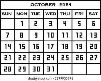 Plantilla del calendario de octubre de 2024. Gráficos planos de una sola página del concepto de calendario de pared aislados en fondo blanco. La semana comienza el lunes. EPS 10.