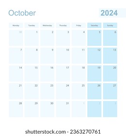 2024 October wall planner in blue pastel color, week starts on Monday. Calendar for October 2024 with blue square and with day of previous and next month.