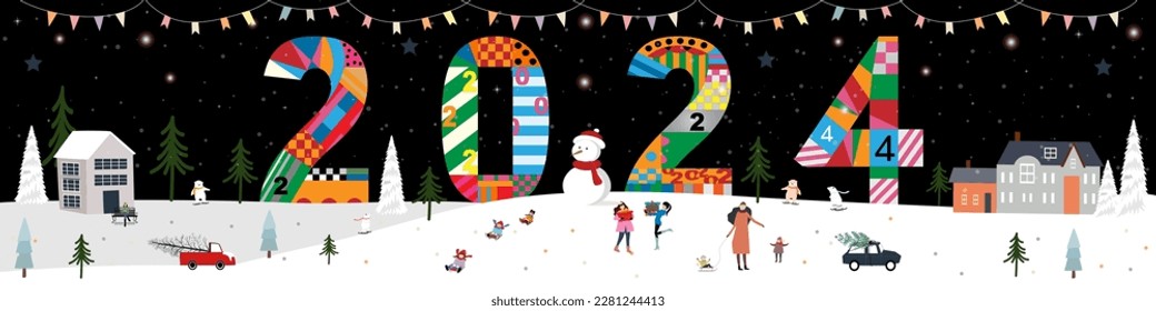 2024 on Winter landscape in the town with Happy people celebration in city park,Merry Christmas,New year card, flyers, posters, banners and calendar background,Year of Dragon