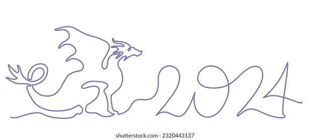 2024 one line art, hand drawn continuous contour. Continuous one line drawing dragon. Year of the Dragon. Chinese dragon symbol. New year handwriting text, sketch style.