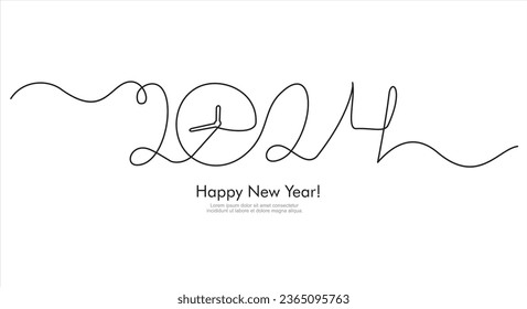 2024 one line art, hand drawn continuous contour. Holiday concept, festive lettering. New year handwriting text, sketch style, minimalist design. New year card