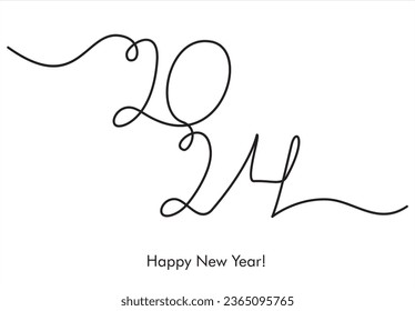 2024 one line art, hand drawn continuous contour. Holiday concept, festive lettering. New year handwriting text, sketch style, minimalist design. New year card