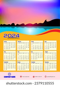 2024 One page wall calendar design template, modern 12 months one page calendar