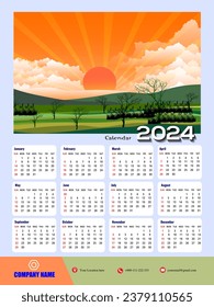 2024 One page wall calendar design template, modern 12 months one page calendar