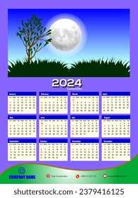2024 One page wall calendar design template, modern 12 months one page calendar. Modern wall calendar design 2024. Print Ready One Page wall calendar template design for 2024. Week starts on Sunday.