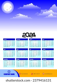 2024 Plantilla de diseño de un calendario de pared de una página, moderno calendario de una página de 12 meses. Diseño moderno de calendario de pared 2024. Diseño de plantilla de calendario de pared de una página preparado para impresión para 2024. La semana comienza el domingo.