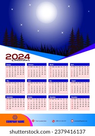 2024 One page wall calendar design template, modern 12 months one page calendar. Modern wall calendar design 2024. Print Ready One Page wall calendar template design for 2024. Week starts on Sunday.